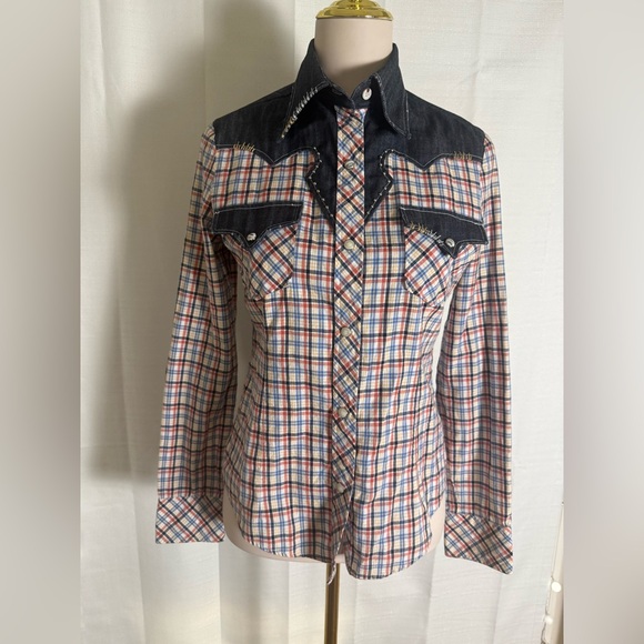 Vigoss Jeans Western Pearl Snap Plaid Shirt Denim Yoke Medium - Picture 1 of 10